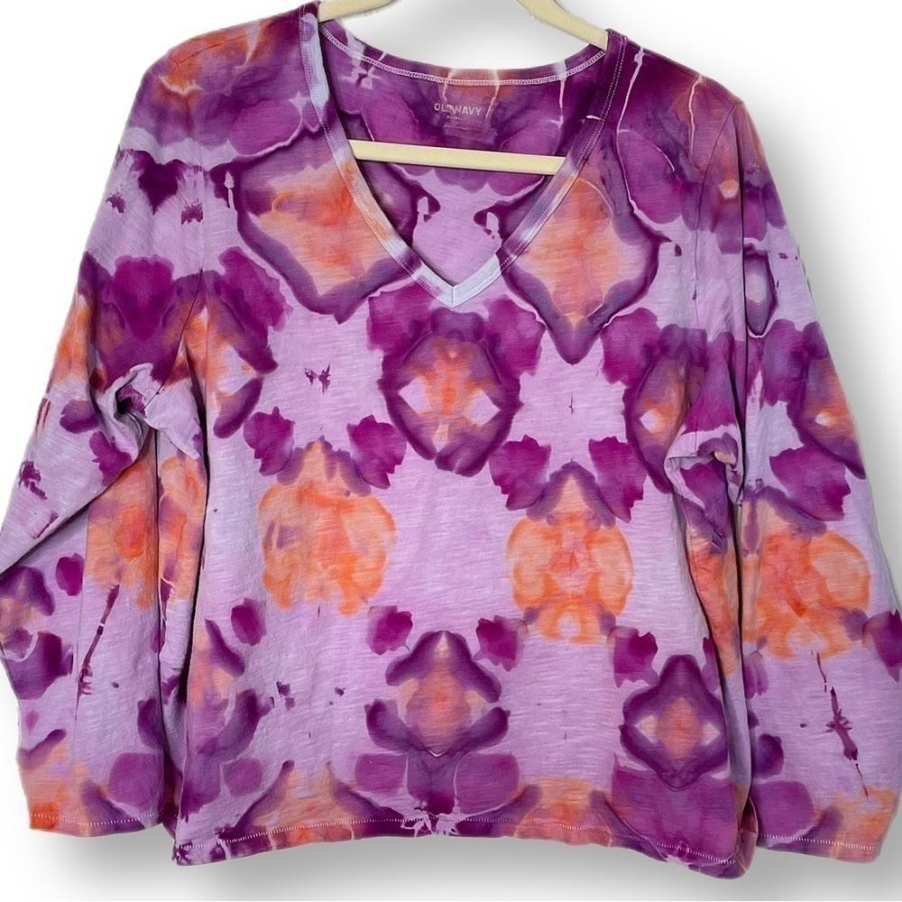 Tie dye v neck long sleeve top shibori fold argyle flowers orange pink XL